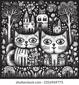 kawaii cats in a whimsical garden with plants that grow giant sized , Black and white coloring pages for kids, pixar, simple lines, vector style