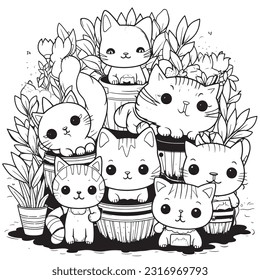 kawaii cats in a whimsical garden with plants that grow giant sized , Black and white coloring pages for kids, pixar, simple lines, vector style