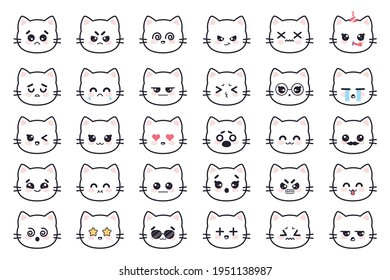 Kawaii cats. White kitty head anime avatars with various emotions fear, cry and anger, apathy and death, joy and surprise manga vector set. Cartoon characters with sunglasses, stars and hearts