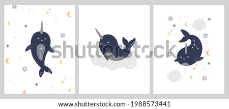 Kawaii celestial narwhals, cute magic sea animals with horn posters collection for greeting cards and nursery. Mystical fun prints for kids. Modern trendy vector illustration, pastel colors boho style