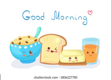 Kawaii Cereal Bowl, Toast with Butter and Orange Juice vector characters isolated on white background. Funny smiling breakfast. Cute food mascot illustration with lettering. Card, print, menu design.