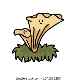 Kawaii chanterelle mushroom character cartoon vector illustration motif set. Hand drawn edible fungi elements clipart for wild food foraging blog, toadstool graphic, woodland web buttons.
