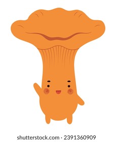 Kawaii chanterelle mushroom creature waving with hand, hand drawn isolated vector illustration in flat design