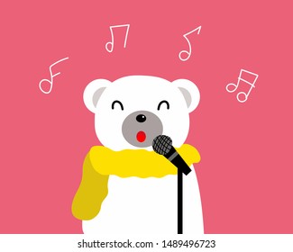 Kawaii character cartoon: A cute white bear is singing with happy and  smile face. 