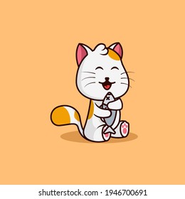 kawaii character. cute Cat hug fish cute cartoon vector illustration. animal game icon. flat cartoon style