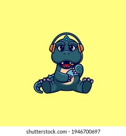 kawaii character. cute godzilla gaming with headphone and console cute cartoon vector illustration. animal game icon. flat cartoon style