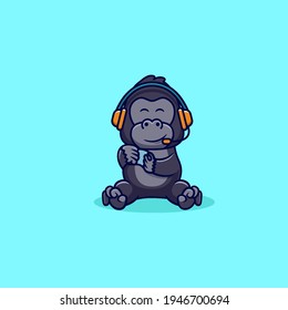 kawaii character. cute gorilla kong gaming with headphone and console cute cartoon vector illustration. animal game icon. flat cartoon style