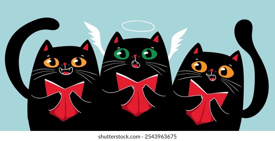 Kawaii character funny Black cats singing christmas song Christmas carols. Christmas and New year. Cartoon style.