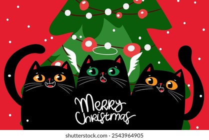 Kawaii character funny Black cats singing Christmas song near Christmas tree.  Cute carols. Christmas and New year. Cartoon style