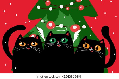 Kawaii character funny Black cats singing Christmas song near Christmas tree.  Cute carols. Christmas and New year. Cartoon style