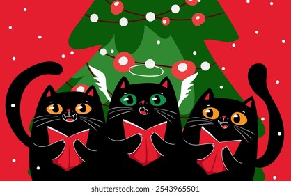 Kawaii character funny Black cats singing Christmas song near Christmas tree.  Cute carols. Christmas and New year. Cartoon style