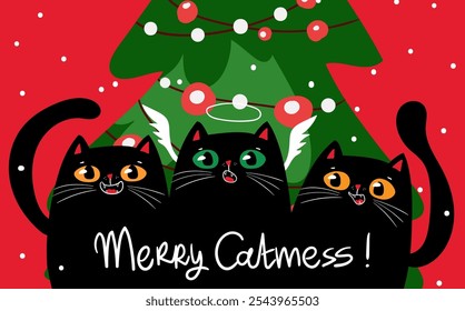 Kawaii character funny Black cats singing Christmas song near Christmas tree.  Cute carols. Christmas and New year. Cartoon style