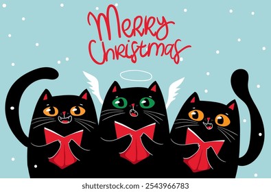 Kawaii character funny Black cats singing christmas song Christmas carols. Christmas and New year. Cartoon style.