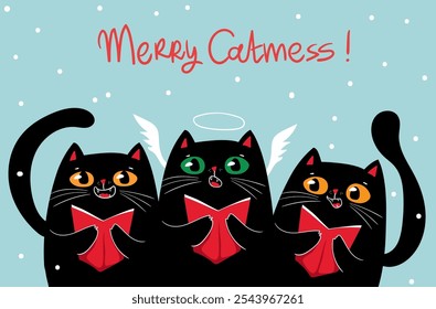 Kawaii character funny Black cats singing christmas song Christmas carols. Christmas and New year. Cartoon style.