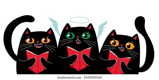 Kawaii character funny Black cats singing christmas song Christmas carols. Christmas and New year. Cartoon style.