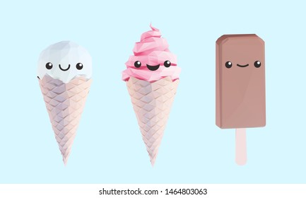 Kawaii Character Ice Cream Collection. Set of Smiling Gelato on Isolated Background. Low Poly Vector 3D Rendering
