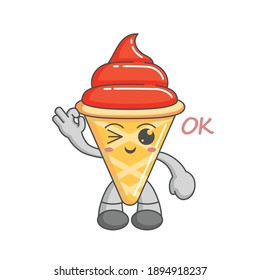Kawaii character of ice cream cone ok finger