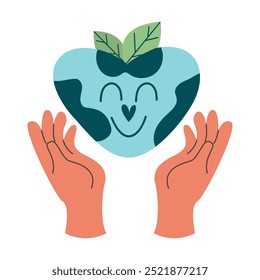 Kawaii character planet earth in the shape of a heart with hands eco friendly isolated
