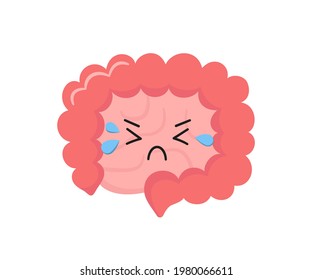 Kawaii character of small and large human intestine. Unhealthy cry gut character. Bowel diseases - SIBO, leaky gut syndrome, cancer or candida growth. Vector illustration isolated on white background.