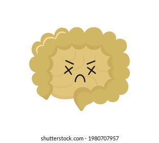 Kawaii character of small and large human intestine. Unhealthy sick gut character. Bowel diseases - SIBO, leaky gut syndrome, cancer or candida growth. Vector illustration isolated on white background