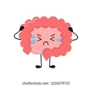Kawaii character of small and large human intestine. Unhealthy cry gut character. Bowel diseases - SIBO, leaky gut syndrome, cancer or candida growth. Vector illustration isolated on white background.
