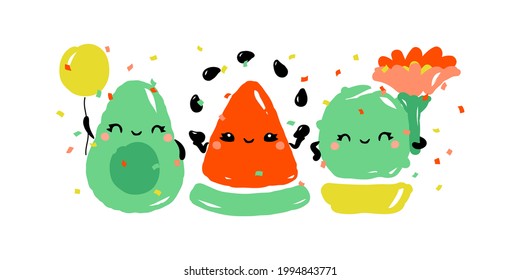 Kawaii characters of avocado, watermelon and cactus celebrating joyful holiday. Happy fruits with cute gifts. Vector illustration for greeting card or poster