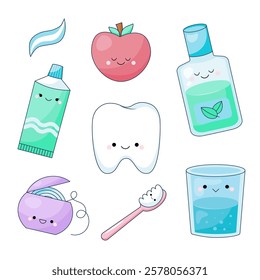 Kawaii characters for oral hygiene. cute brush and paste, tooth, floss, glass and mouthwash. Hygiene and dentistry