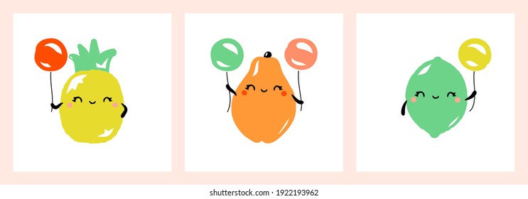 Kawaii characters of pineapple, papaya and lime. Cute happy fruits with multicolored balloons. Vector illustration for greeting card, fabrics prints or poster