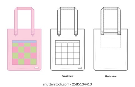 Kawaii Checkered Pocket Tote Bag Technical Fashion Illustration. Casual Shoulder Bag Vector Template. Front and Back View. Large Pocket with Checkerboard Pattern. Pink pastel. CAD Mockup Set.