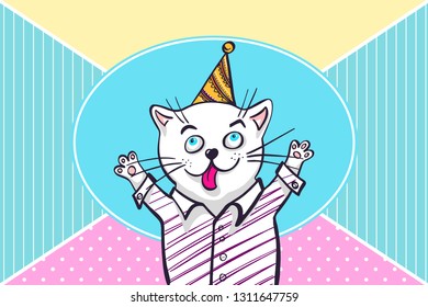 Kawaii, a cheerful cat in a shirt and a cap with paws up. Greeting card, drawing for your design. Cartoon style