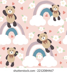 Kawaii cheerful teddy bear flying with clouds and rainbows, flowers on a pastel pink background, kids pajama colorful print for wrapping paper, fabric and textile. EPS 10 seamless pattern