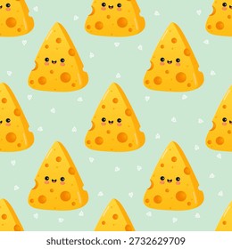 Caracteres de queso kawaii con caras sonrientes que crean un patrón caprichoso y delicioso sin fisuras en un fondo verde menta claro, perfecto para el diseño de alimentos y contenido para niños