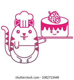 kawaii chef cat with sweet cake cartoon