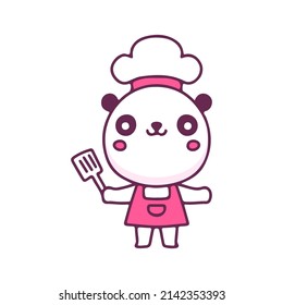 Kawaii chef panda with spatula, illustration for t-shirt, street wear, sticker, or apparel merchandise. With doodle, retro, and cartoon style.