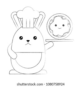 kawaii chef rabbit holding cookie cartoon