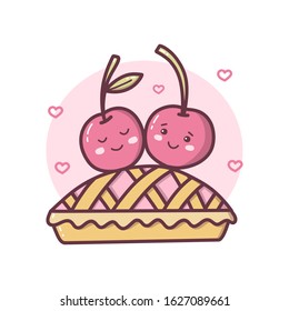 Kawaii cherries in love on a pie. Hand drawn vector illustration isolated on a white background.