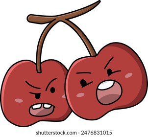 A kawaii cherry with angry daces over a white background