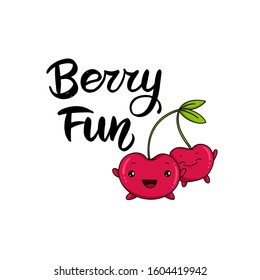 Kawaii cherry cartoon vector illustration, cute summer berry smiling for logo, poster, banner, logo, icon, textile print, kids t-shirt, invitation, organic food materials, healthy fruit nutrition