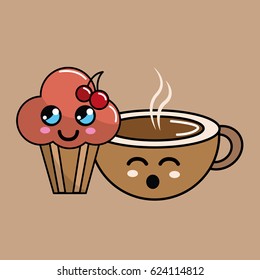 kawaii cherry cup cake and coffee icon with beautiful expressions