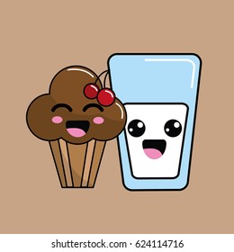 kawaii cherry cup cake and milk icon with beautiful expressions