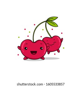 Kawaii Cherry fun cartoon vector illustration, cute summer berry smiling for logo, poster, banner, logo, icon, textile print, kids t-shirt, invitation, organic food materials, healthy fruit nutrition