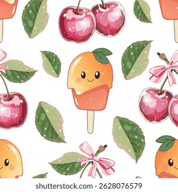Kawaii Cherry Popsicle Pattern with Leaves and Bows. Cute Summer Ice Cream and Fruit Seamless Design