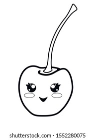 Kawaii cherry with a smiling face. Smiling, sweet, little cherry with a handle - vector linear picture for coloring. Outline. Hand drawing.