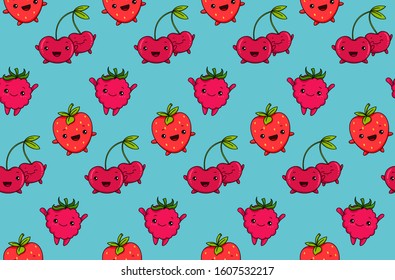 Kawaii Cherry, strawberry, raspberry seamless pattern fun cartoon vector illustration, cute summer berry smiling for poster, banner, icon, textile print, t-shirt, organic food, healthy fruit nutrition