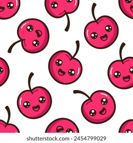 Kawaii Kirsche Vektorgrafik nahtlose Muster. Rote Cartoon Beeren mit lächelnden Gesichtern auf weißem Hintergrund.