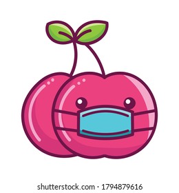 kawaii cherry wearing mask cartoon illustration isolated on white background