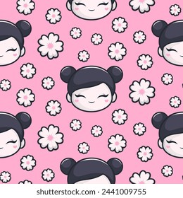 Kawaii chibi anime japanese girls with sakura flowers on pink background. Vector seamless pattern.