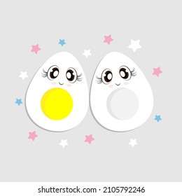 Kawaii chibi cartoon Egg with food illustration, cute two halves of egg with yolk smiling cartoon characters of sliced eggs Illustration of fresh and boiled eggs in flat style Vector illustration