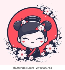 Kawaii chibi japanese girl in kimono with sakura flowers on red background. Vector cute anime character.