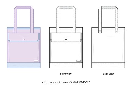 Kawaii Chic Laptop Bag Technical Fashion Illustration. Flap Pocket Shoulder Bag Vector Template. Front and Back View. Casual Carryall with Star Snap Button. Reinforced Straps. Pastel. CAD Mockup Set.